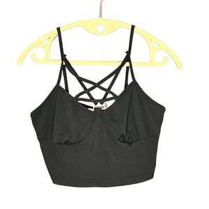 Romwe Women’s Black Star Front Strap Design Ribbed Cami Crop Top